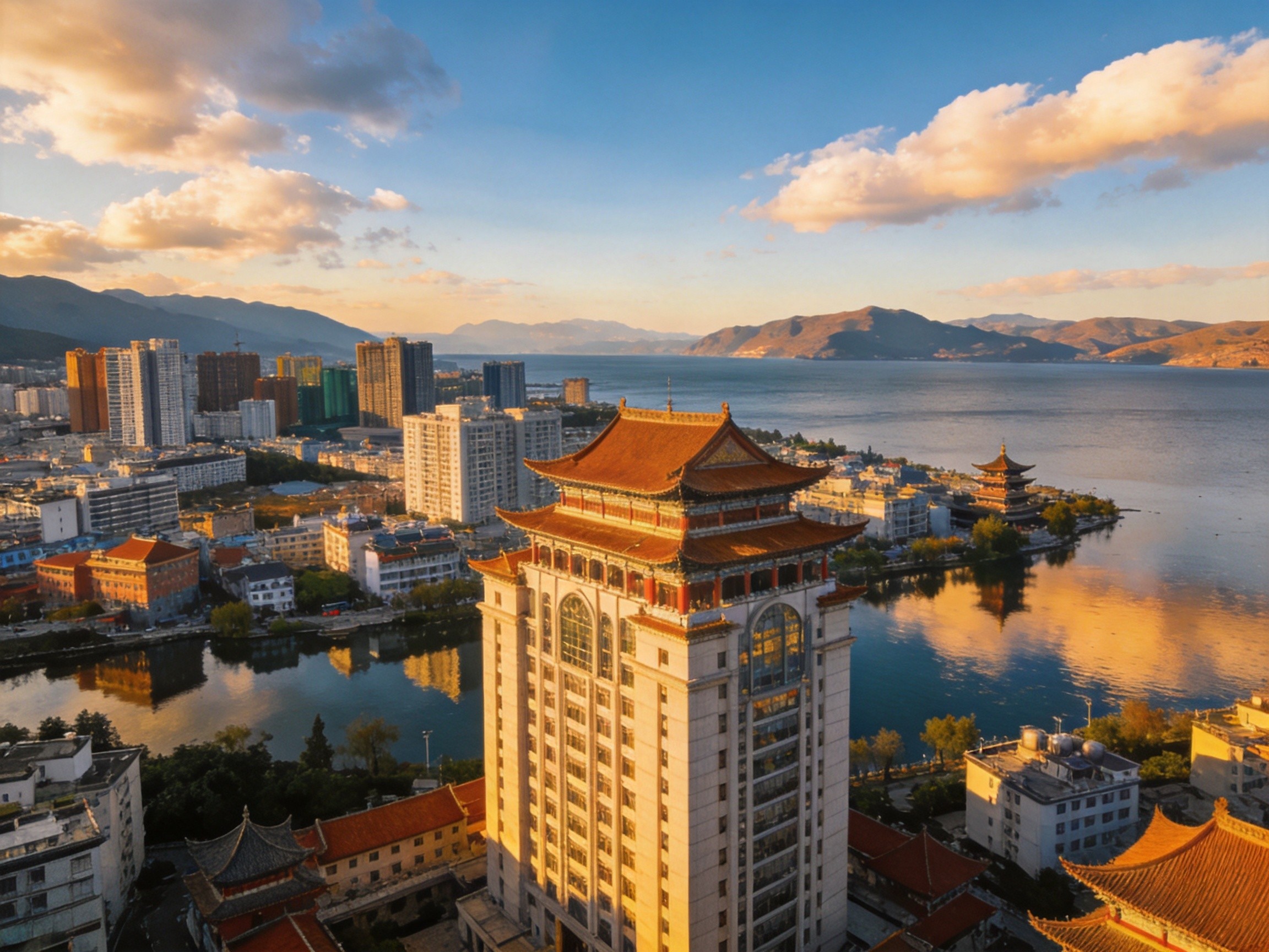 昆明城市天际线与滇池远景