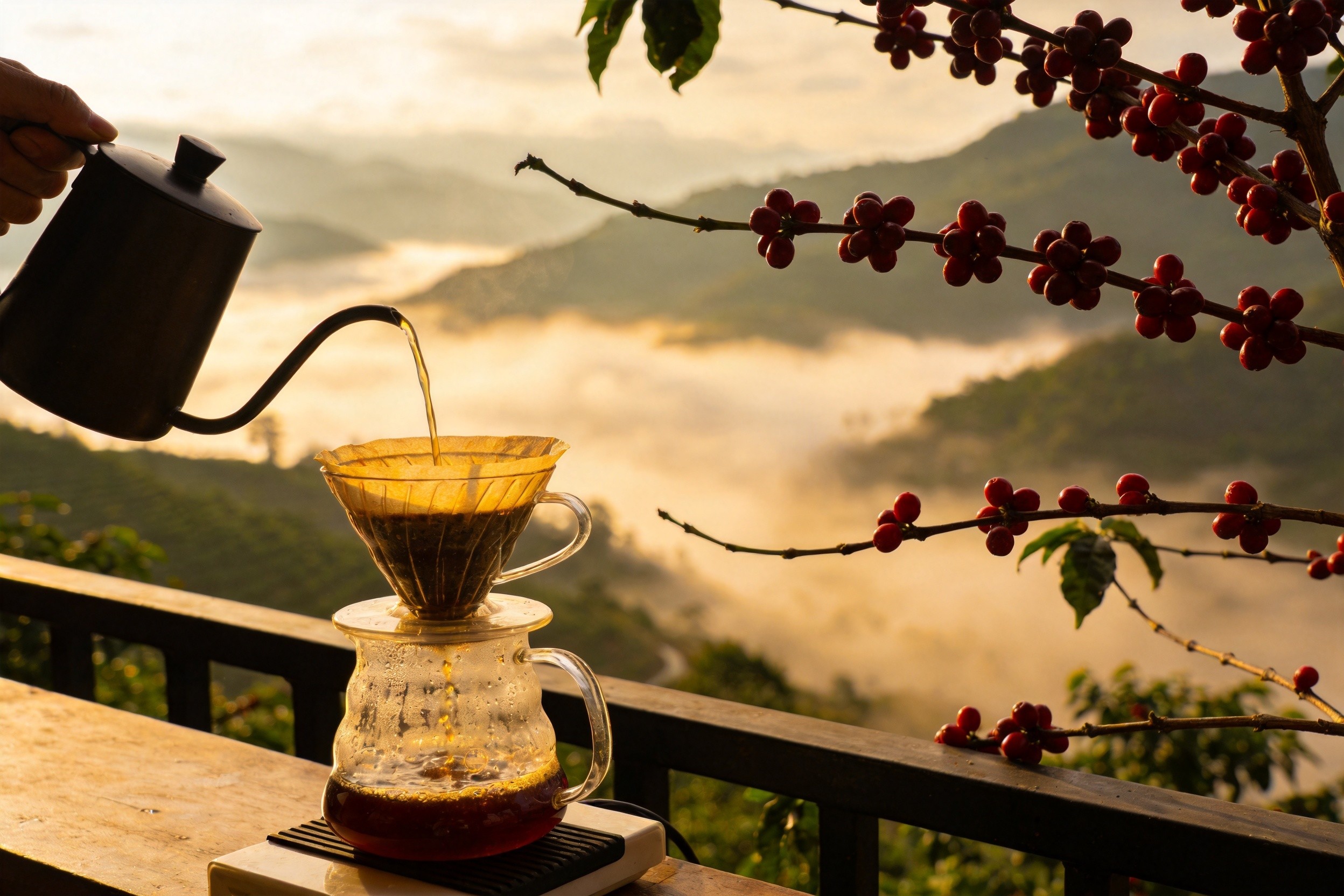 普洱咖啡庄园手冲咖啡与茶园风光