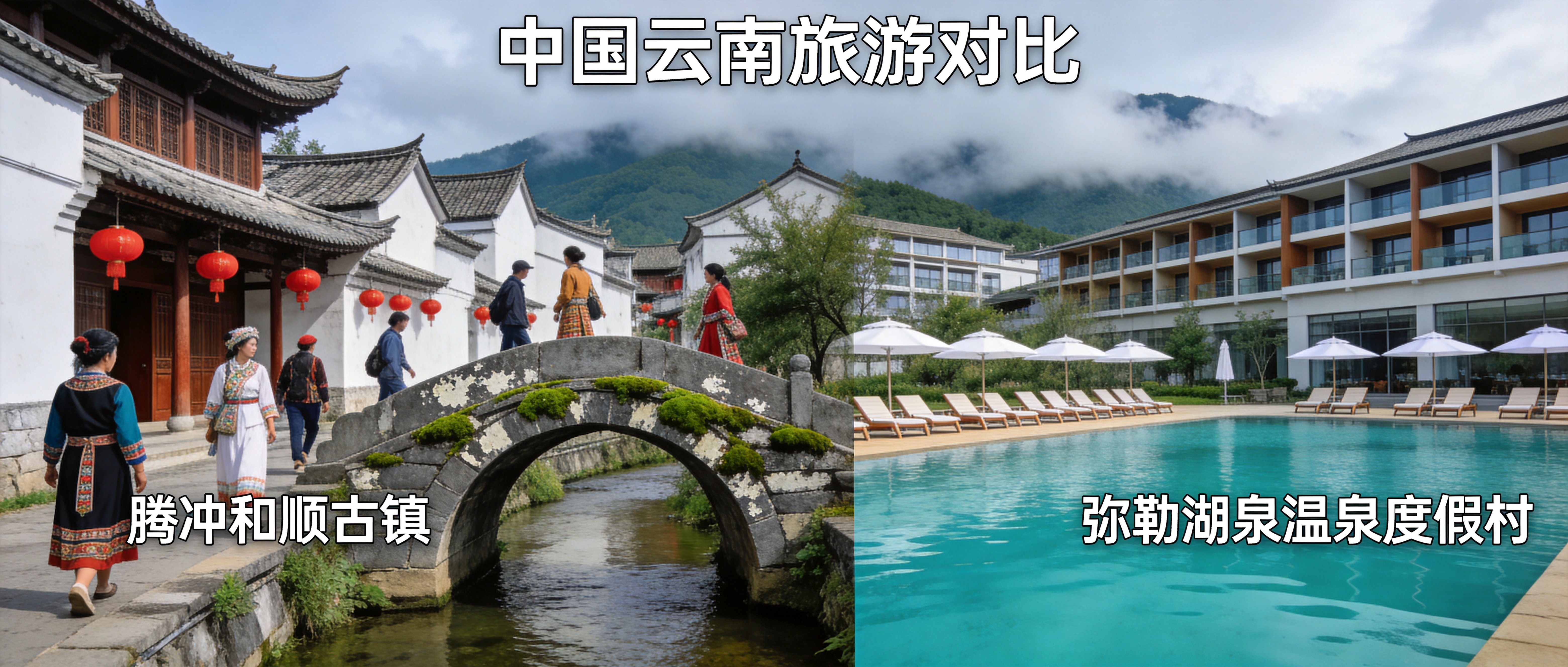 腾冲和顺古镇与弥勒湖泉温泉对比
